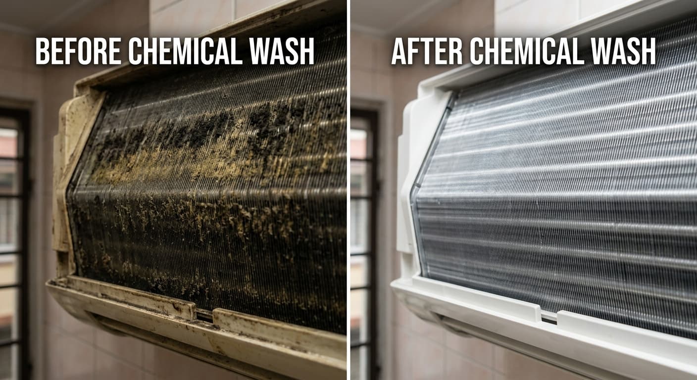 Hasil chemical wash aircond Samsung — sebelum dan selepas servis